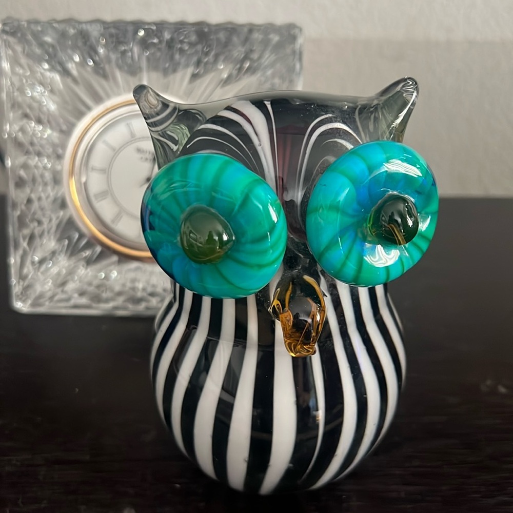 Murano Glass Teal & Black & White Striped Owl Sculpture